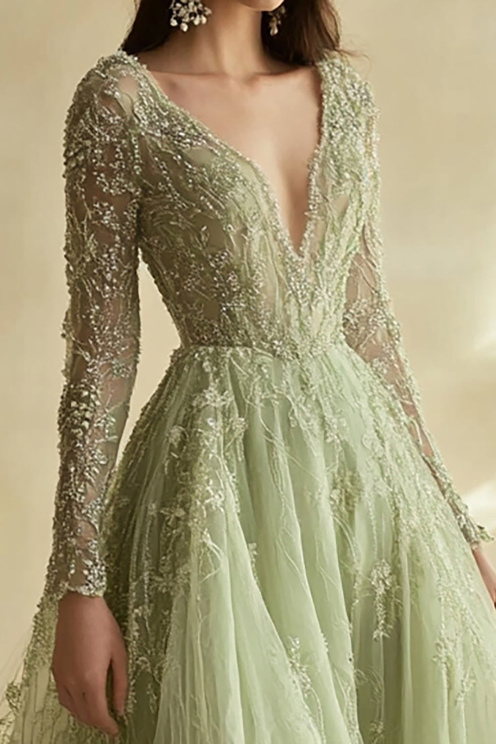 Princess Dusty Sage V Neck Sequin Floral Applique Tulle Prom Dress with Long Sleeves