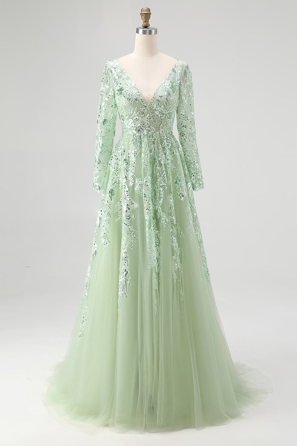 Princess Dusty Sage V Neck Sequin Floral Applique Tulle Prom Dress with Long Sleeves