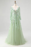 Princess Dusty Sage V Neck Sequin Floral Applique Tulle Prom Dress with Long Sleeves