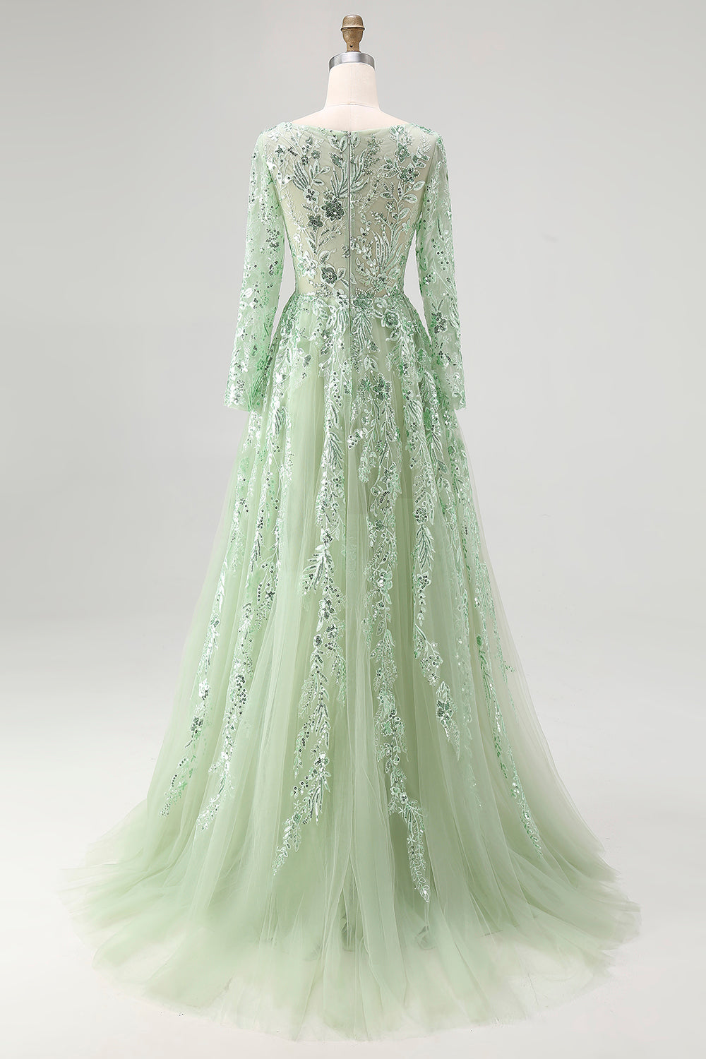 Princess Dusty Sage V Neck Sequin Floral Applique Tulle Prom Dress with Long Sleeves