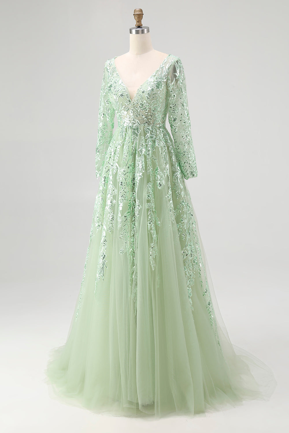Princess Dusty Sage V Neck Sequin Floral Applique Tulle Prom Dress with Long Sleeves