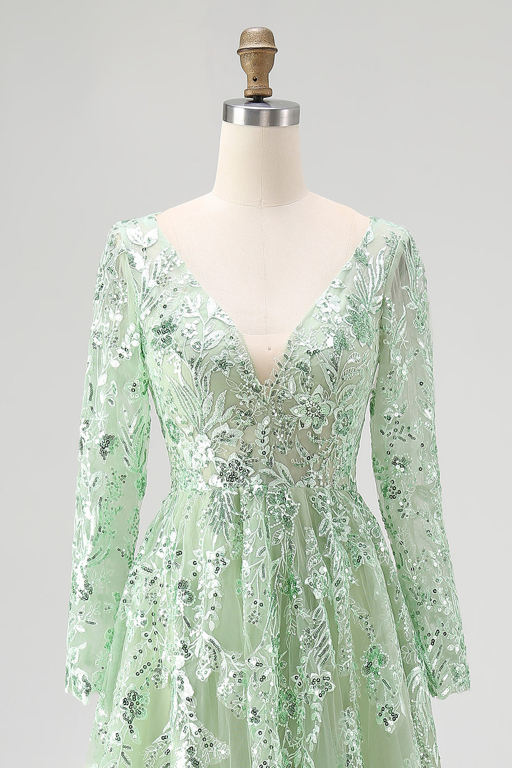 Princess Dusty Sage V Neck Sequin Floral Applique Tulle Prom Dress with Long Sleeves