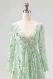 Princess Dusty Sage V Neck Sequin Floral Applique Tulle Prom Dress with Long Sleeves