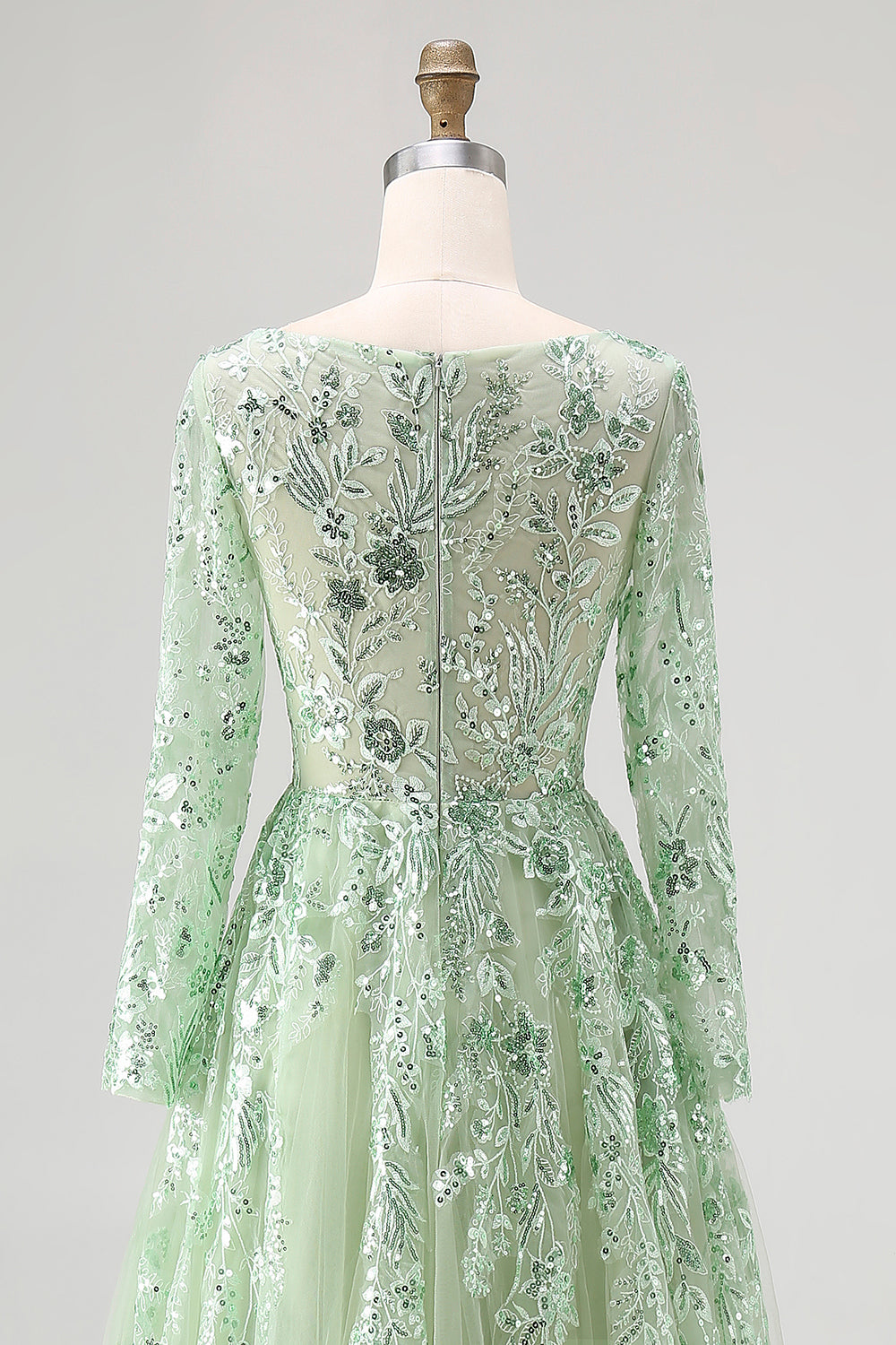 Princess Dusty Sage V Neck Sequin Floral Applique Tulle Prom Dress with Long Sleeves