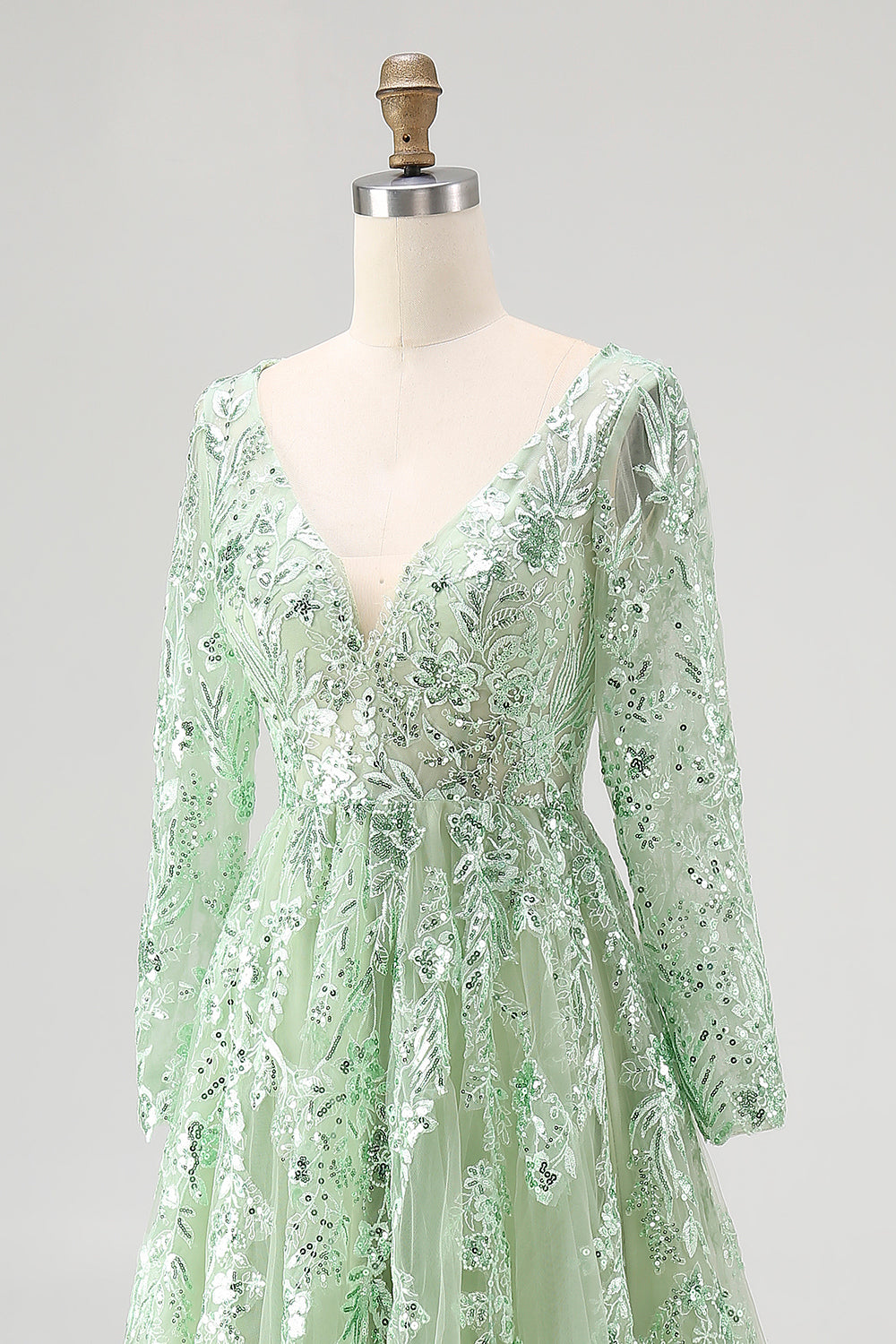 Princess Dusty Sage V Neck Sequin Floral Applique Tulle Prom Dress with Long Sleeves