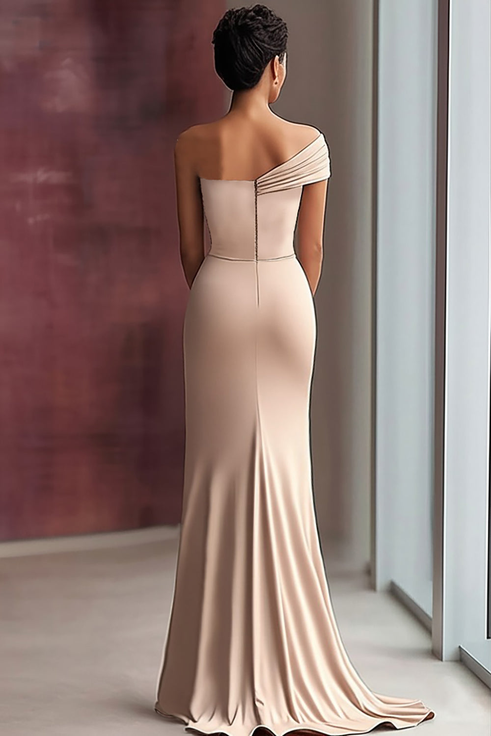 Light Khaki One Shoulder Pleated Sheath Formal Dress