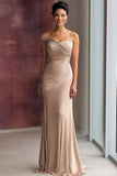 Light Khaki One Shoulder Pleated Sheath Formal Dress