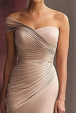Light Khaki One Shoulder Pleated Sheath Formal Dress