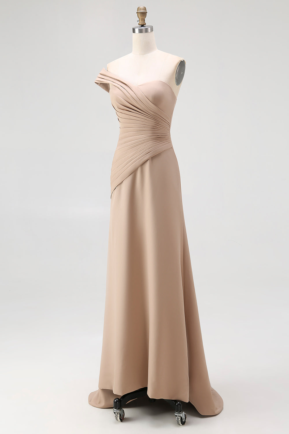 Light Khaki One Shoulder Pleated Sheath Formal Dress