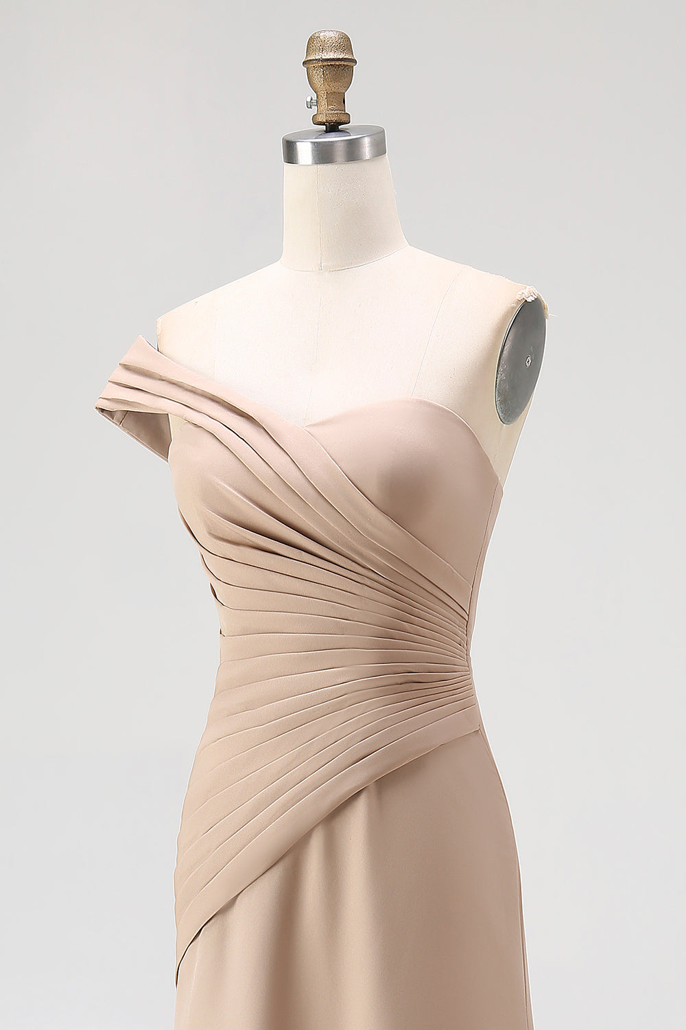 Light Khaki One Shoulder Pleated Sheath Formal Dress