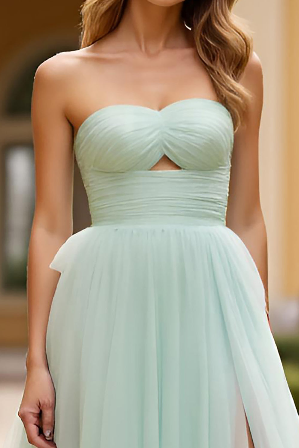 Light Green Strapless Tiered Long Tulle Prom Dress With Slit