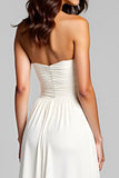 Sheath White Strapless Ruched Long Formal Dress