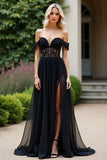 Black A Line Off The Shoulder Chiffon Lace Prom Dress with Slit
