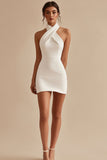 ZAPAKA Women Little White Dress Halter Neck A-Line Satin Knee Length Party Dress