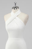 Halter Neck A-Line Satin Little White Dress