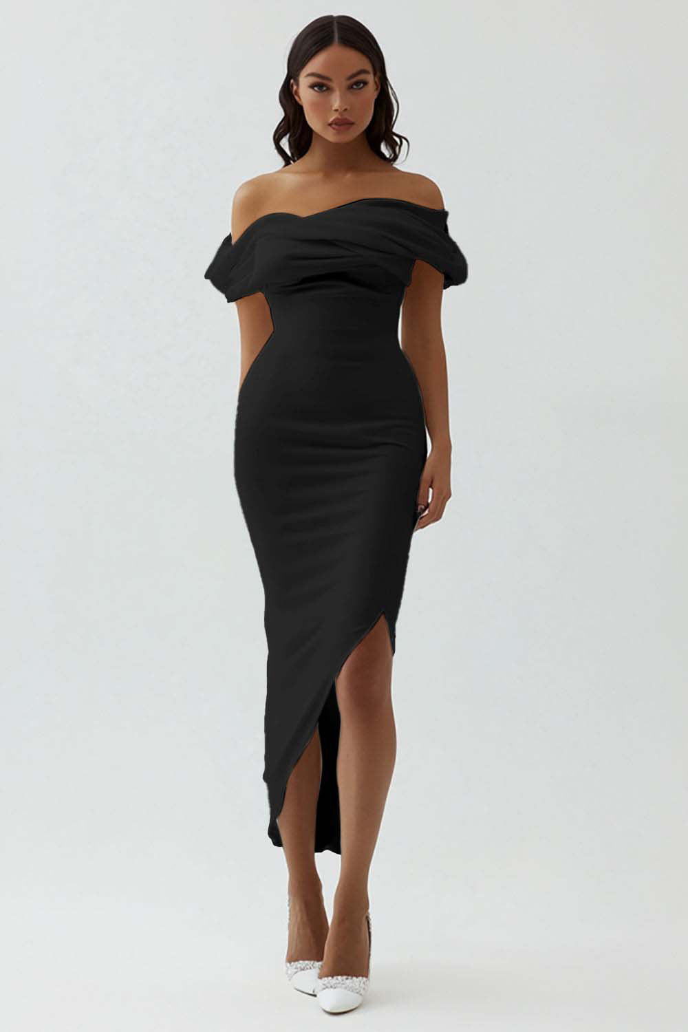 White Off the Shoulder Sheath Matte Satin Asymmetrical Graduation Dress