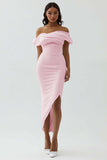 White Off the Shoulder Sheath Matte Satin Asymmetrical Graduation Dress