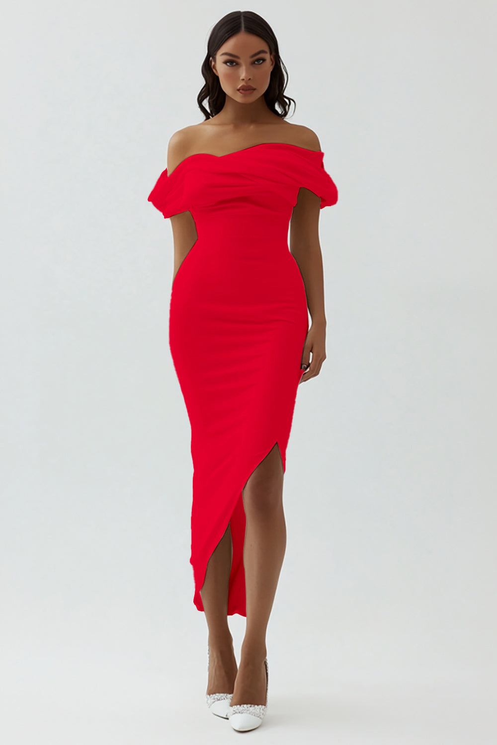 White Off the Shoulder Sheath Matte Satin Asymmetrical Graduation Dress