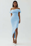 White Off the Shoulder Sheath Matte Satin Asymmetrical Graduation Dress