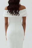 White Off the Shoulder Sheath Matte Satin Asymmetrical Graduation Dress