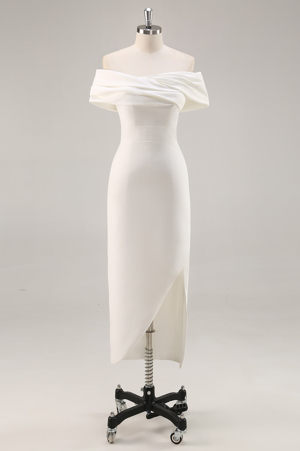 White Off the Shoulder Sheath Matte Satin Asymmetrical Graduation Dress