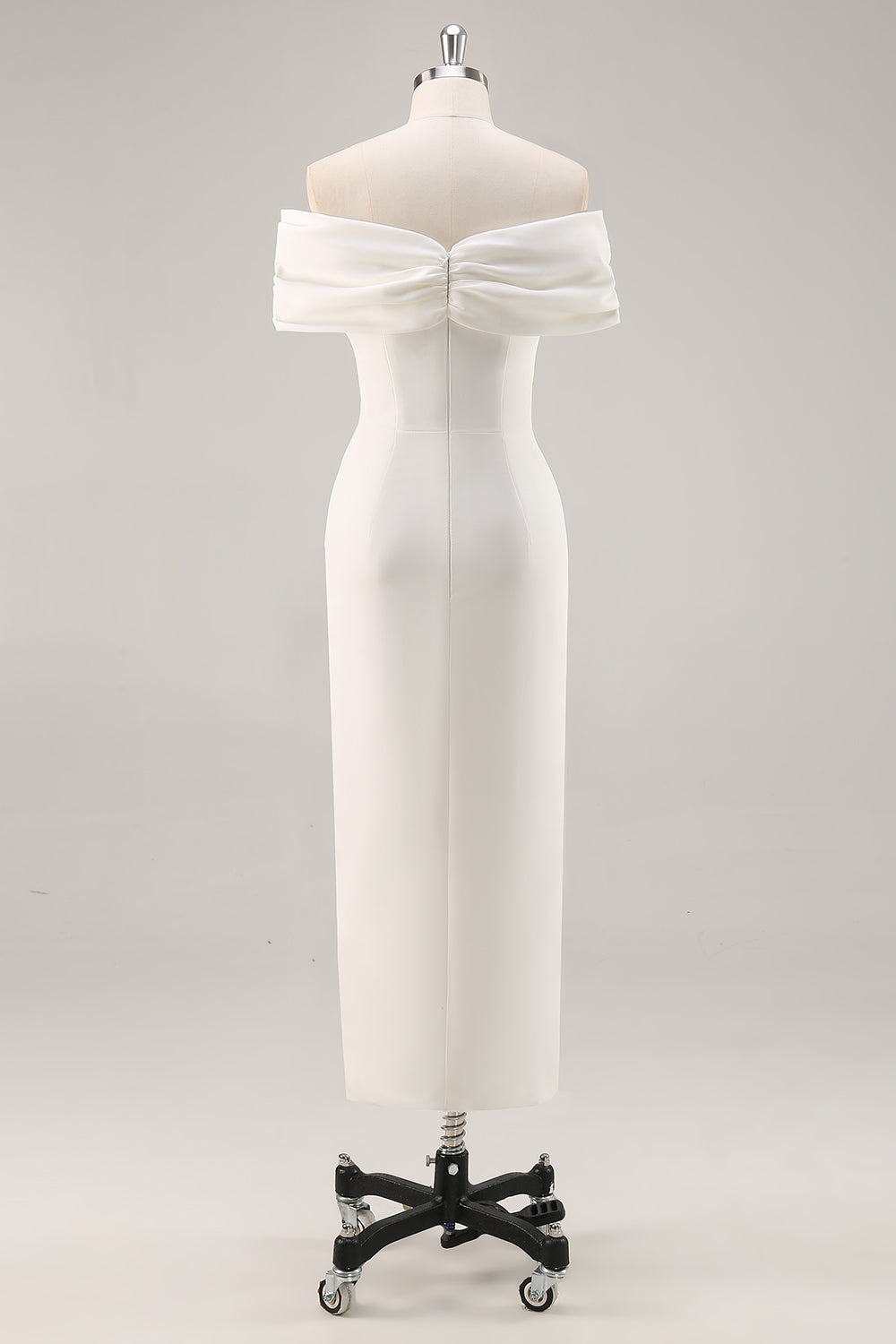 White Off the Shoulder Sheath Matte Satin Asymmetrical Graduation Dress
