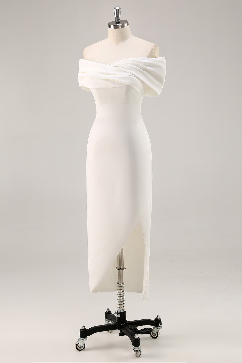 White Off the Shoulder Sheath Matte Satin Asymmetrical Graduation Dress