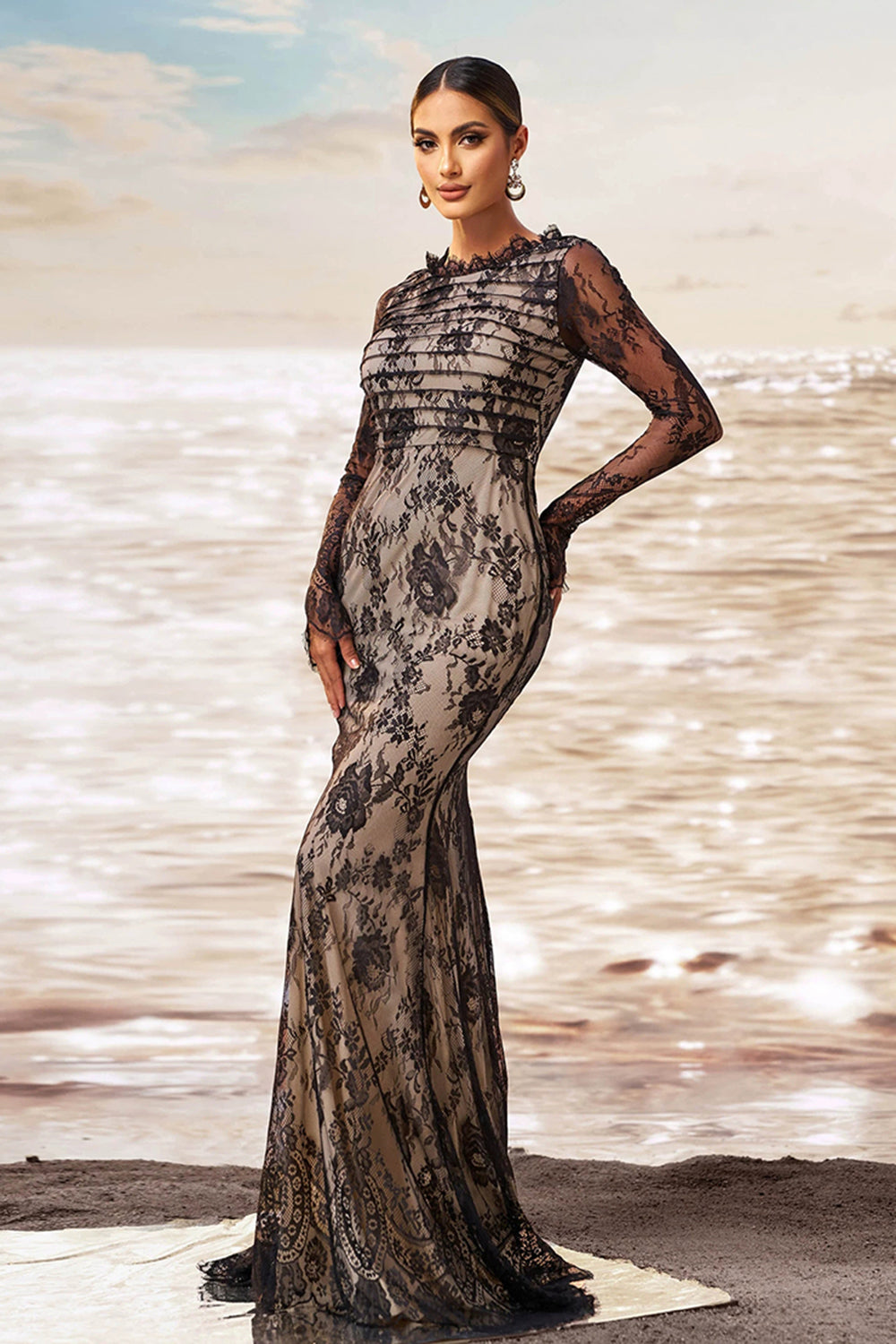 Black Apricot Mermaid Ruffled Neck Long Sleeves Ruched Lace Long Formal Dress