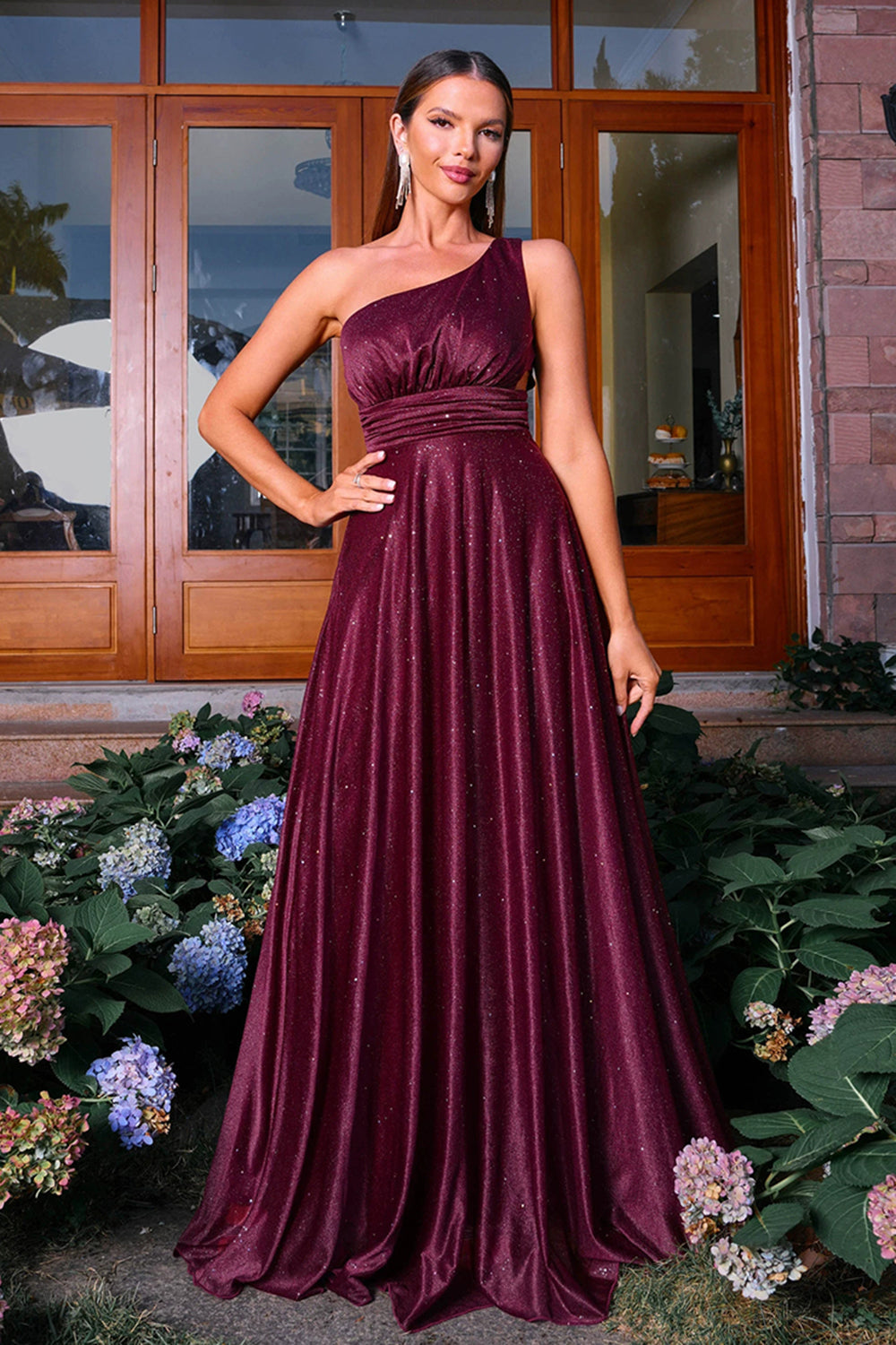 Sparkly Burgundy One Shoulder A Line Ruched Prom Dress