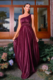 Sparkly Burgundy One Shoulder A Line Ruched Prom Dress