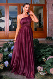 Sparkly Burgundy One Shoulder A Line Ruched Prom Dress