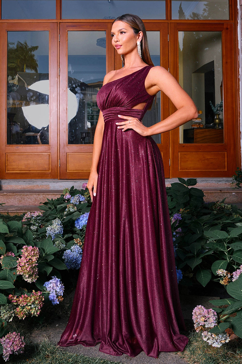 Sparkly Burgundy One Shoulder A Line Ruched Prom Dress