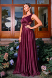 Sparkly Burgundy One Shoulder A Line Ruched Prom Dress