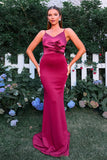 Burgundy Mermaid Spaghetti Straps Ruched Long Formal Dress