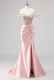 Sparkly Mermaid Cold Shoulder Beaded Long Pink Prom Dress with Slit