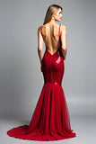 Mermaid Red Spaghetti Straps V-Neck Sequin Prom Dress