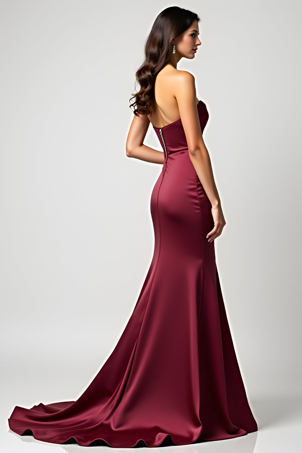 Strapless Burgundy Mermaid Satin Pleated Formal Dress