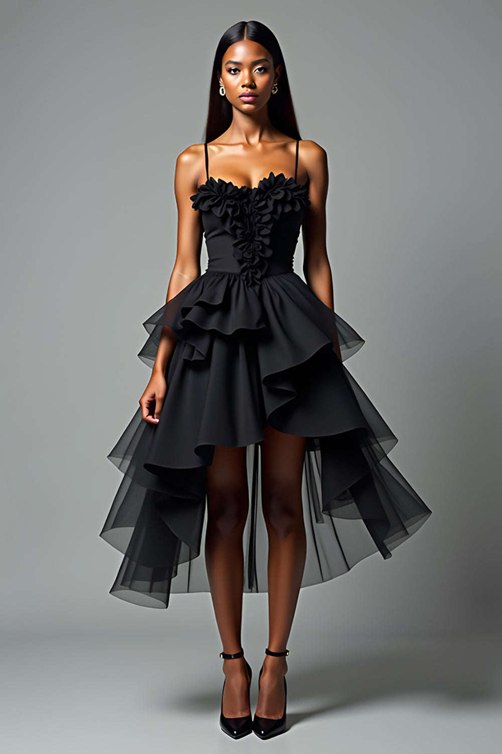 A Line Spaghetti Straps Ruffled Tiered Black Tie Dress