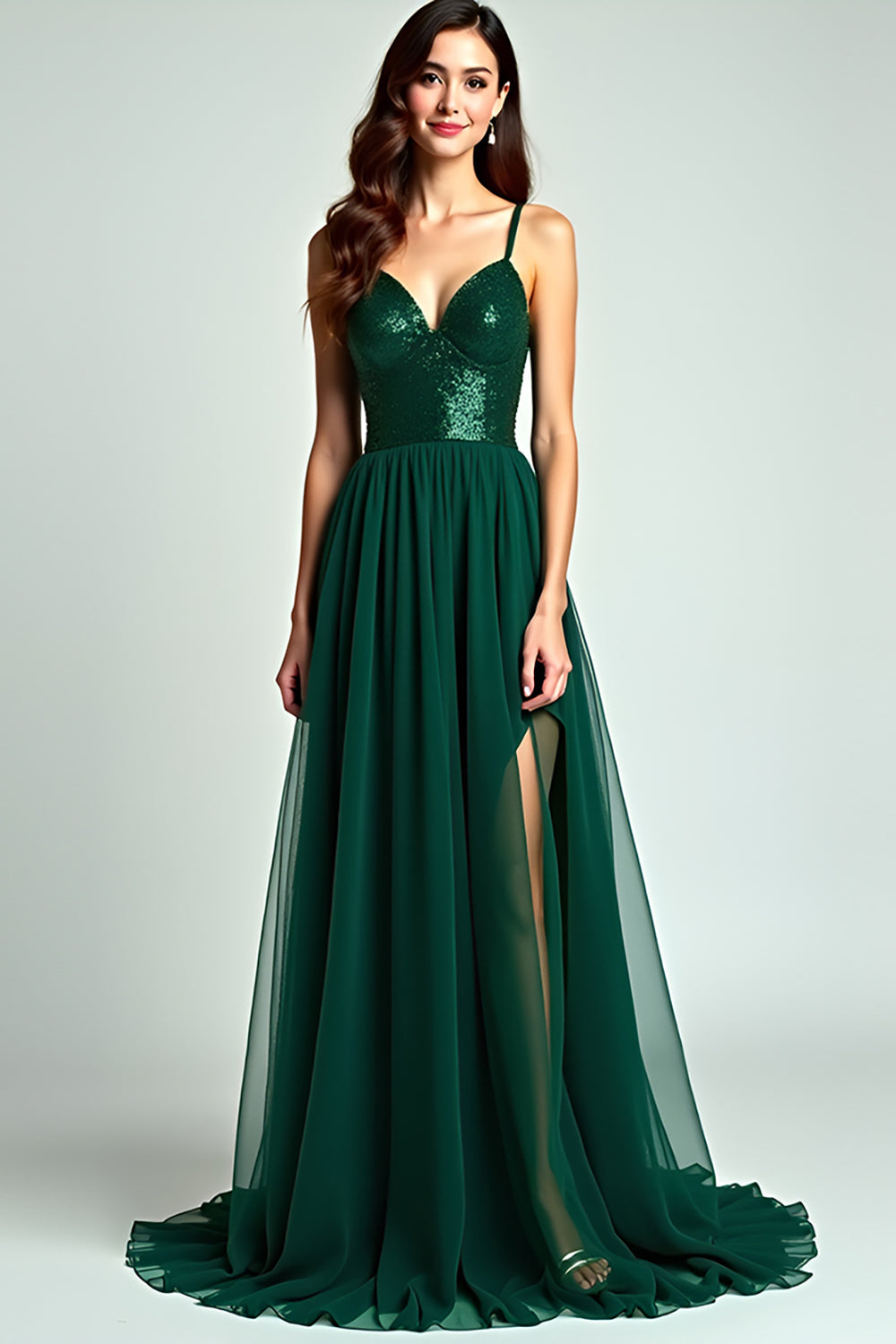 Dark Green Tulle Spaghetti Straps Formal Dress with Sequins
