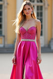 Fuchsia A Line Strapless Sequin Corset Prom Dress