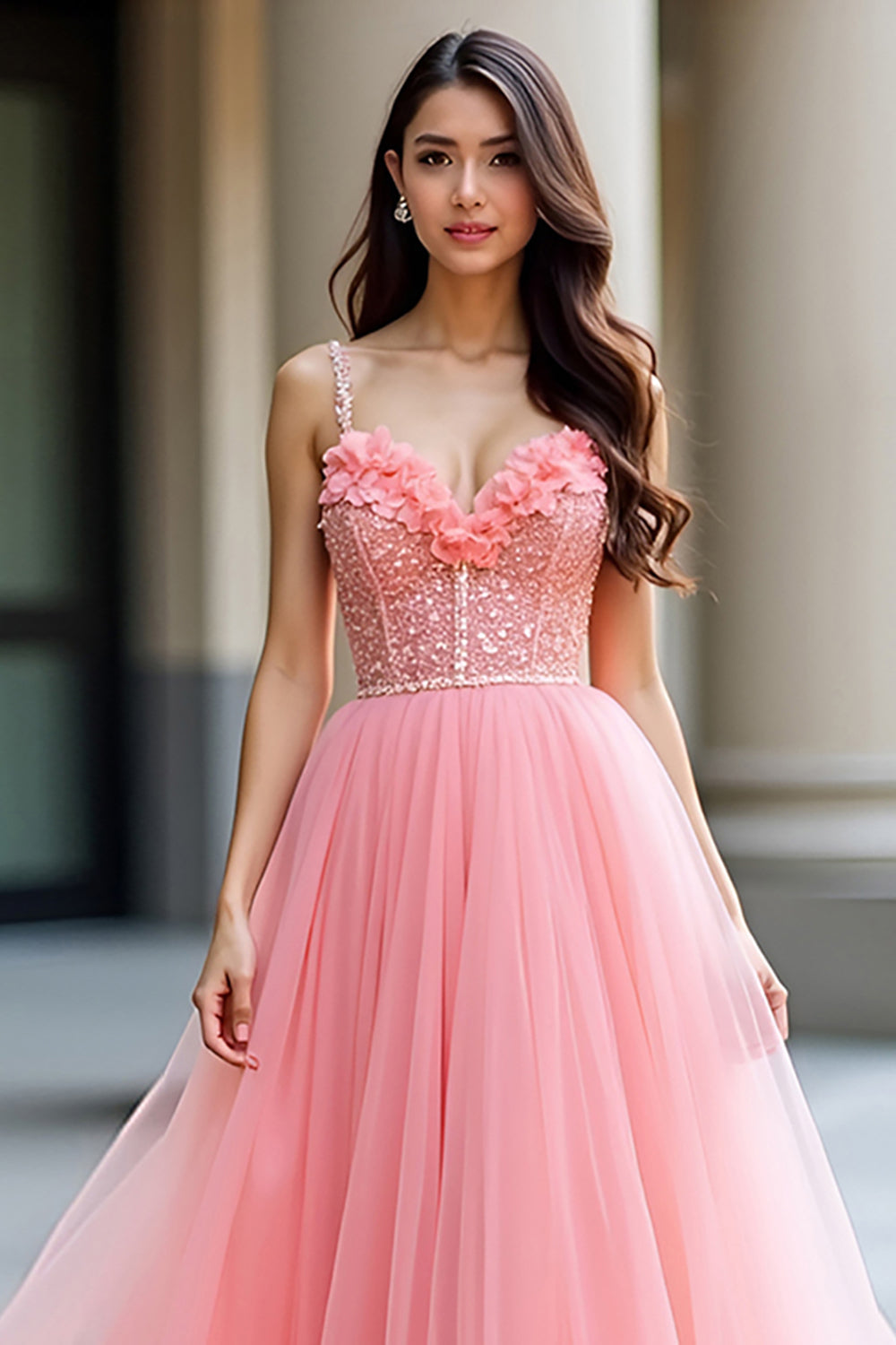 Pink A Line Spaghetti Straps Sequin Corset Prom Dress