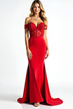 Red Mermaid Off The Shoulder Long Corset Prom Dress With Lace