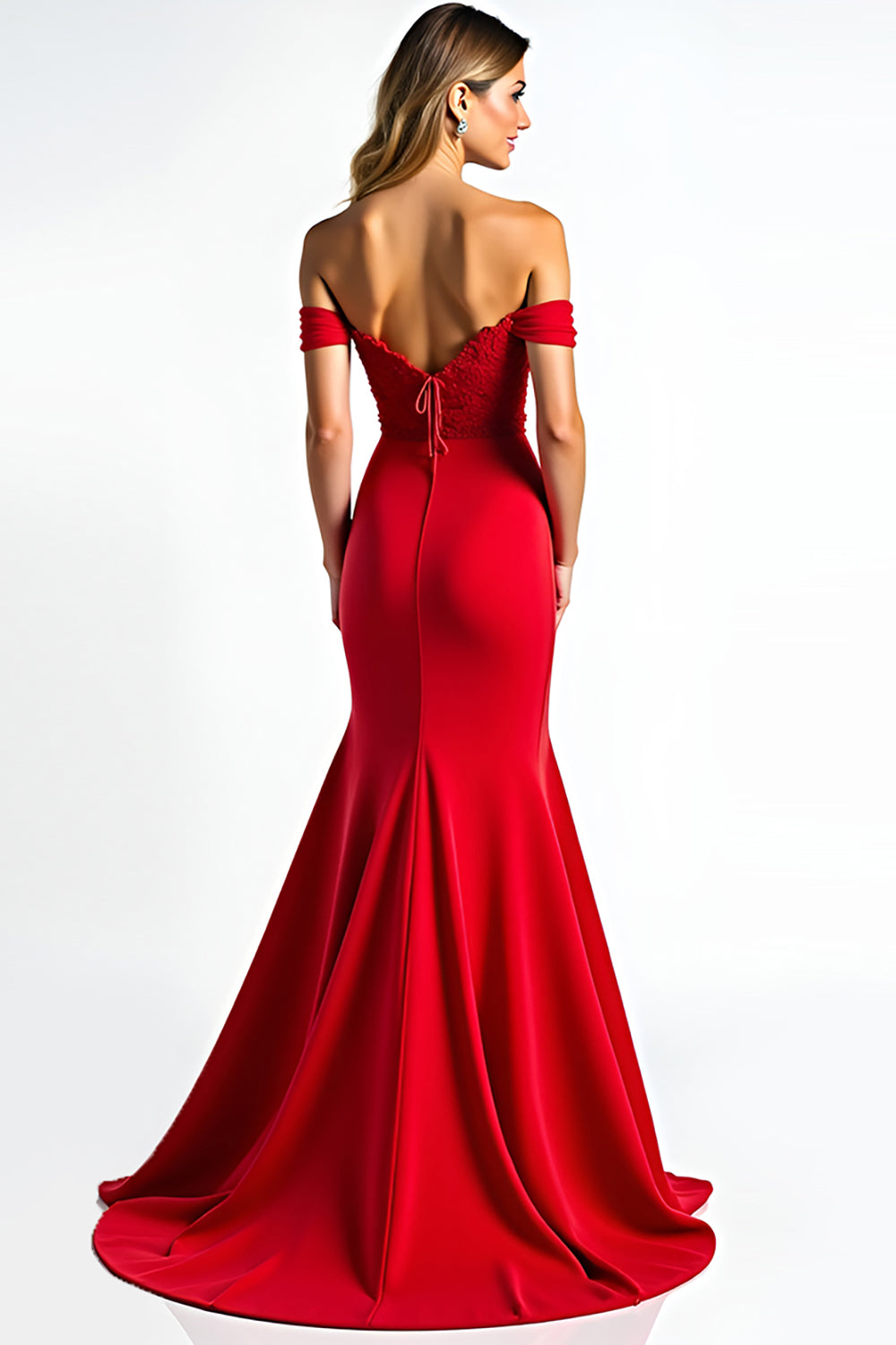 Red Mermaid Off The Shoulder Long Corset Prom Dress With Lace