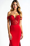 Red Mermaid Off The Shoulder Long Corset Prom Dress With Lace