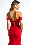 Red Mermaid Off The Shoulder Long Corset Prom Dress With Lace