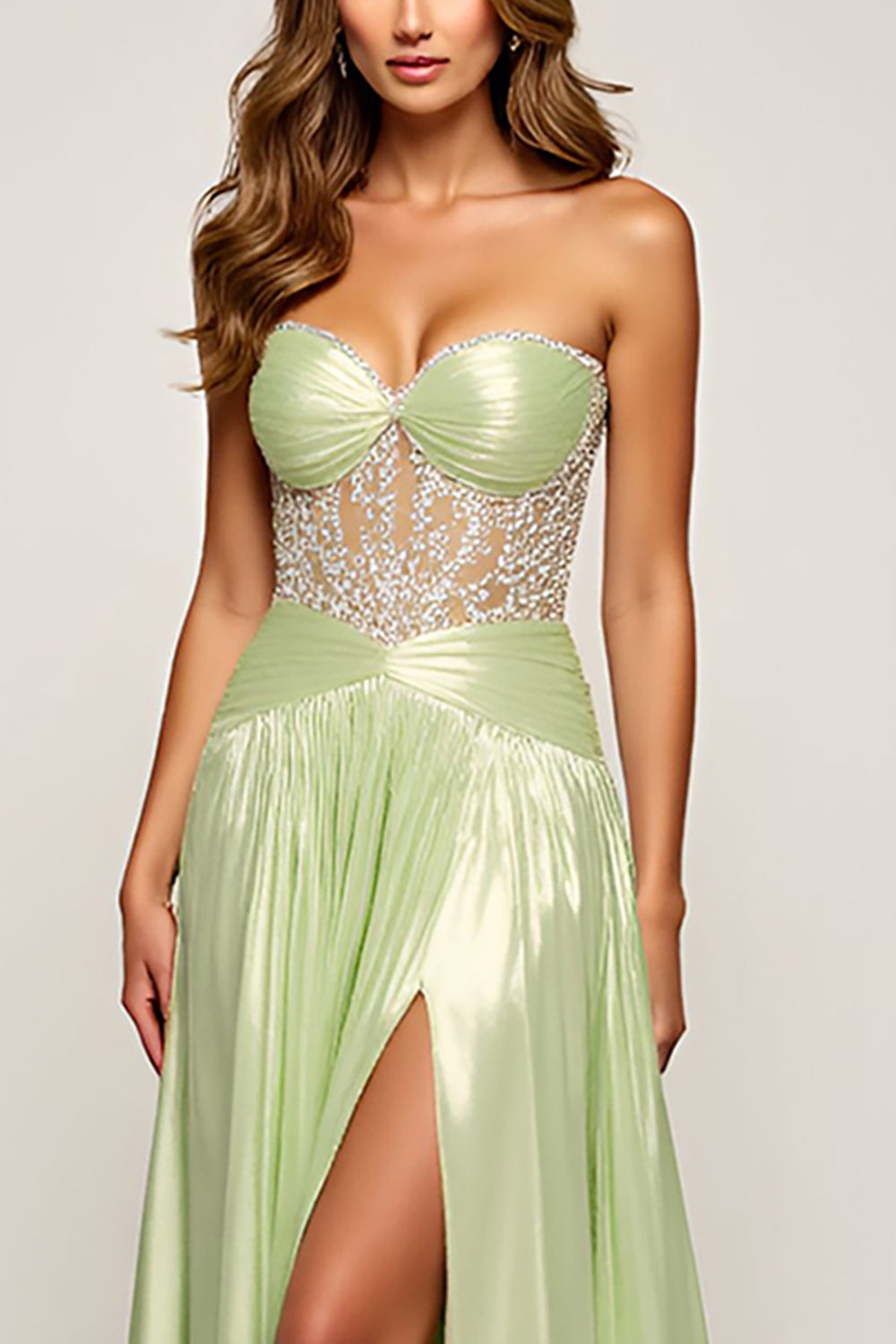 Sparkly Sage Sweetheart Sequined Long Prom Dress With Slit
