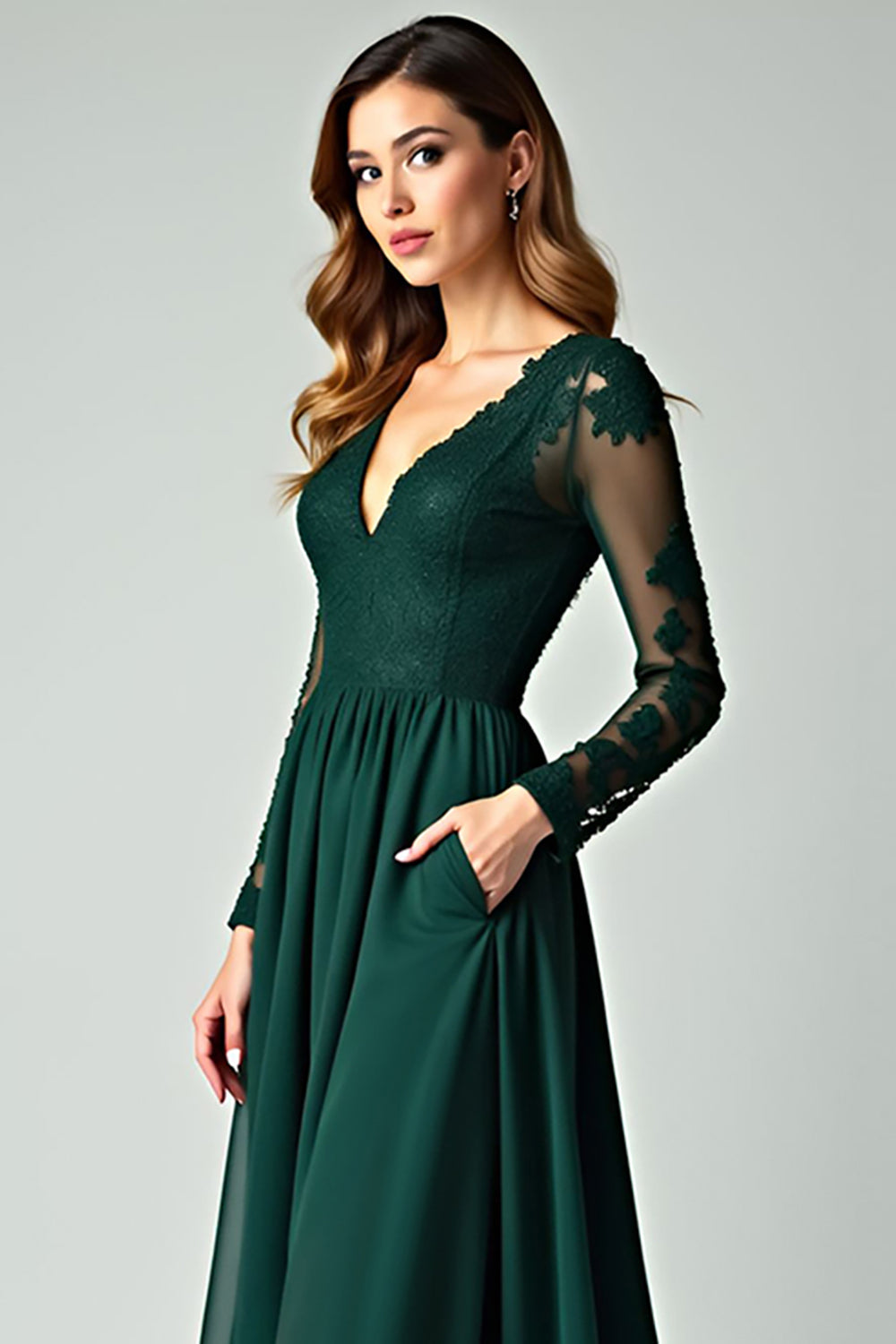 Pine A Line V Neck Lace Long Prom Dress with Long Sleeves