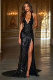 ZAPAKA Women Sparkly Prom Dress With Slit Deep V-Neck Halter Black Sheath Long Evening Dress