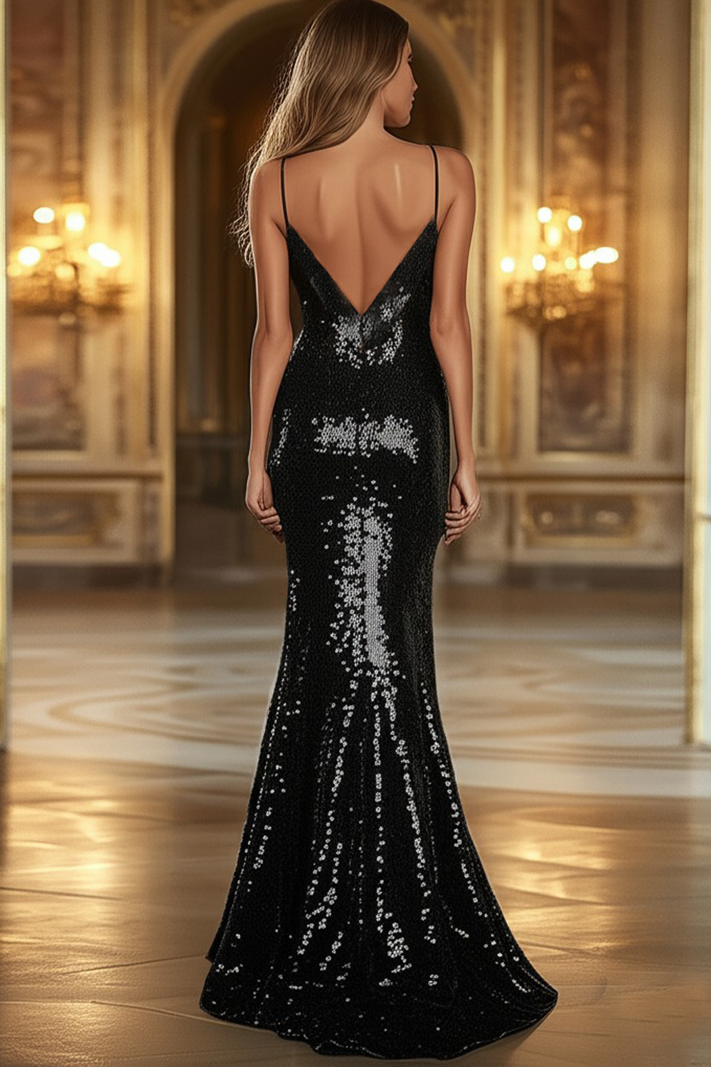 Black Mermaid Deep V-Neck Sequind Prom Dress