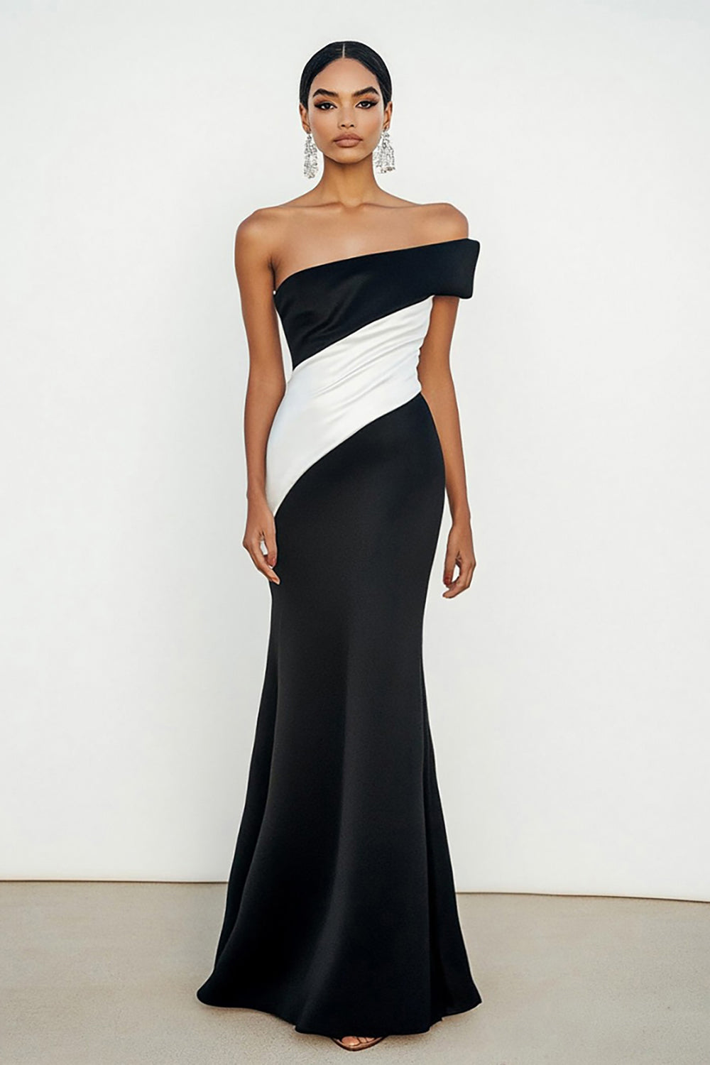 Black Strapless Matte Satin Mermaid Ruched Long Formal Dress